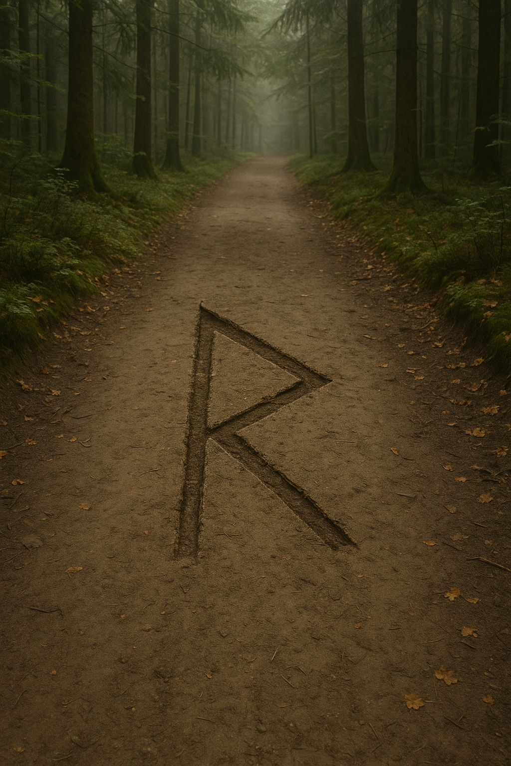 Die Raidho-Rune ist in einen Waldweg eingeritzt, umgeben von einem nebligen, tiefen Wald.