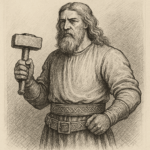 Thor nordische Mythologie – Donnergott mit Mjölnir, umgeben von Blitz und Sturm über einer nordischen Landschaft