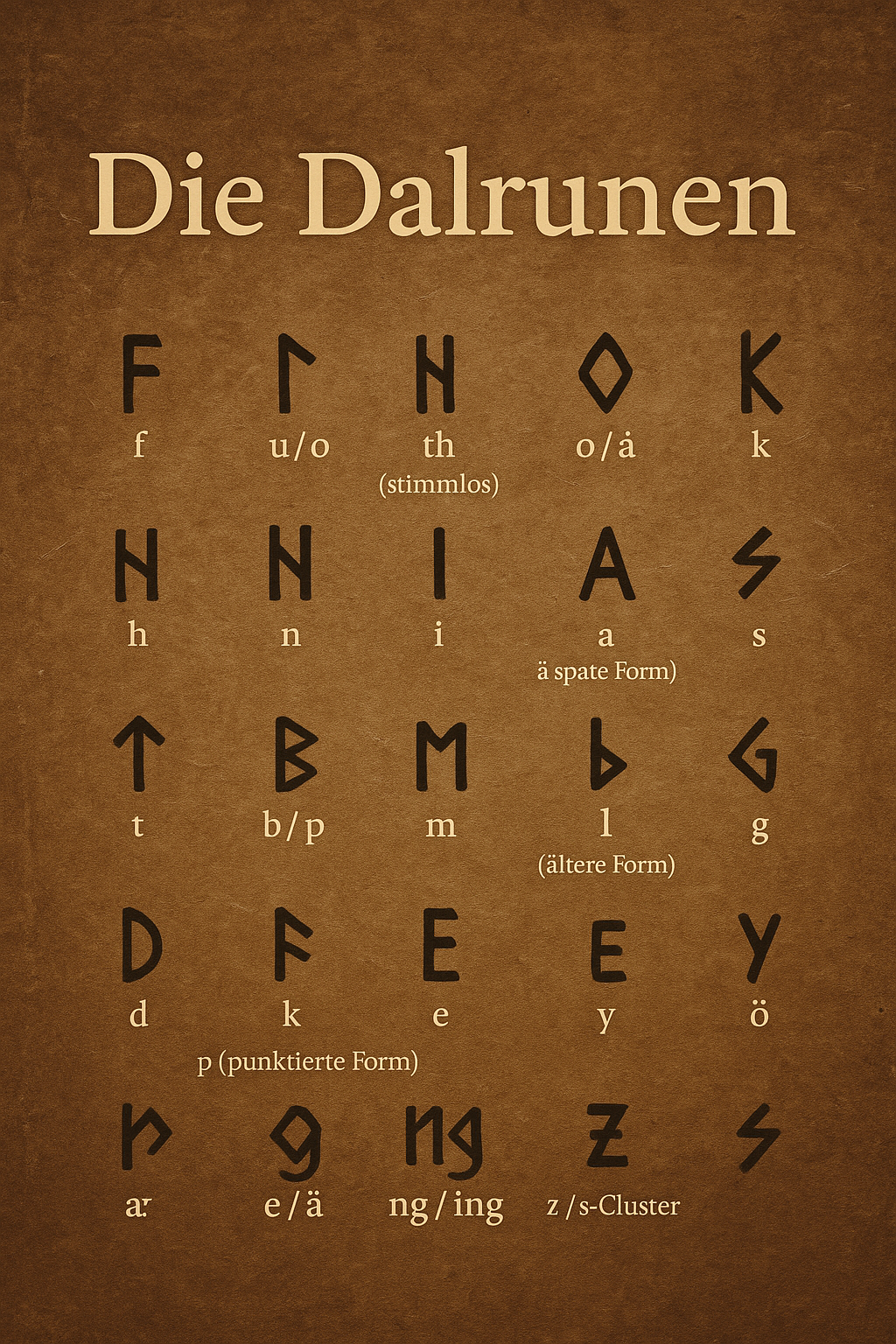 Dalrunen Bedeutung historische Runenschrift aus Dalarna mit alphabetischer Zeichenreihe und Lautwerten aus dem 16 bis 19 Jahrhundert