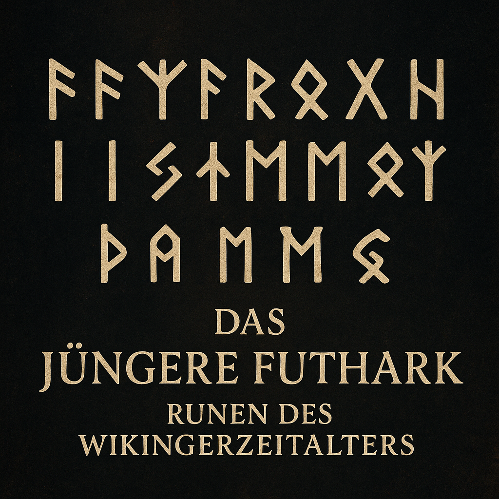 Jüngeres Futhark – die 16 Runen des Wikingerzeitalters auf dunklem Hintergrund