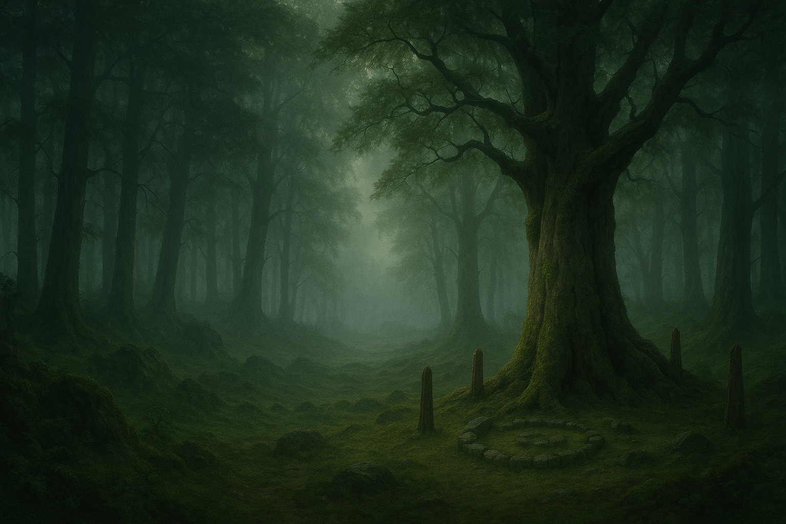 Mystischer, nebelverhangener Wald mit altem heiligen Baum und Steinkreis – symbolisches Beitragsbild zum germanischen Glauben.