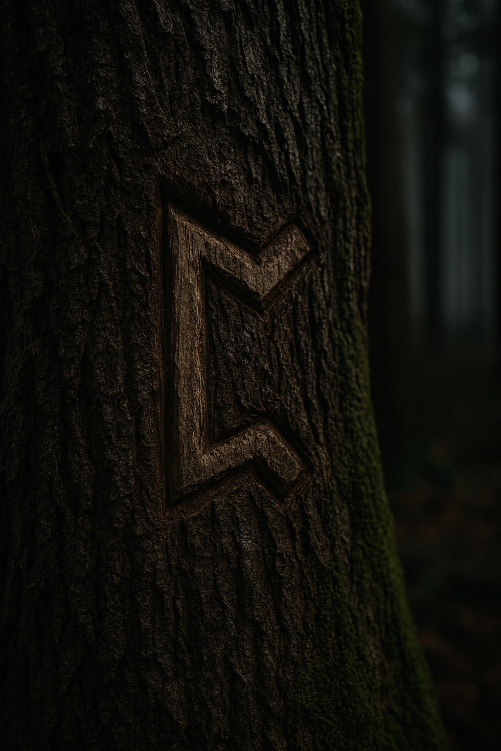 Rune Perthro ᛈ als geheimnisvolles Symbol in einen moosbedeckten Waldstein geritzt – Darstellung des Schicksalsbechers, des Mysteriums und verborgener Wege – Nordwaldpfad Stil