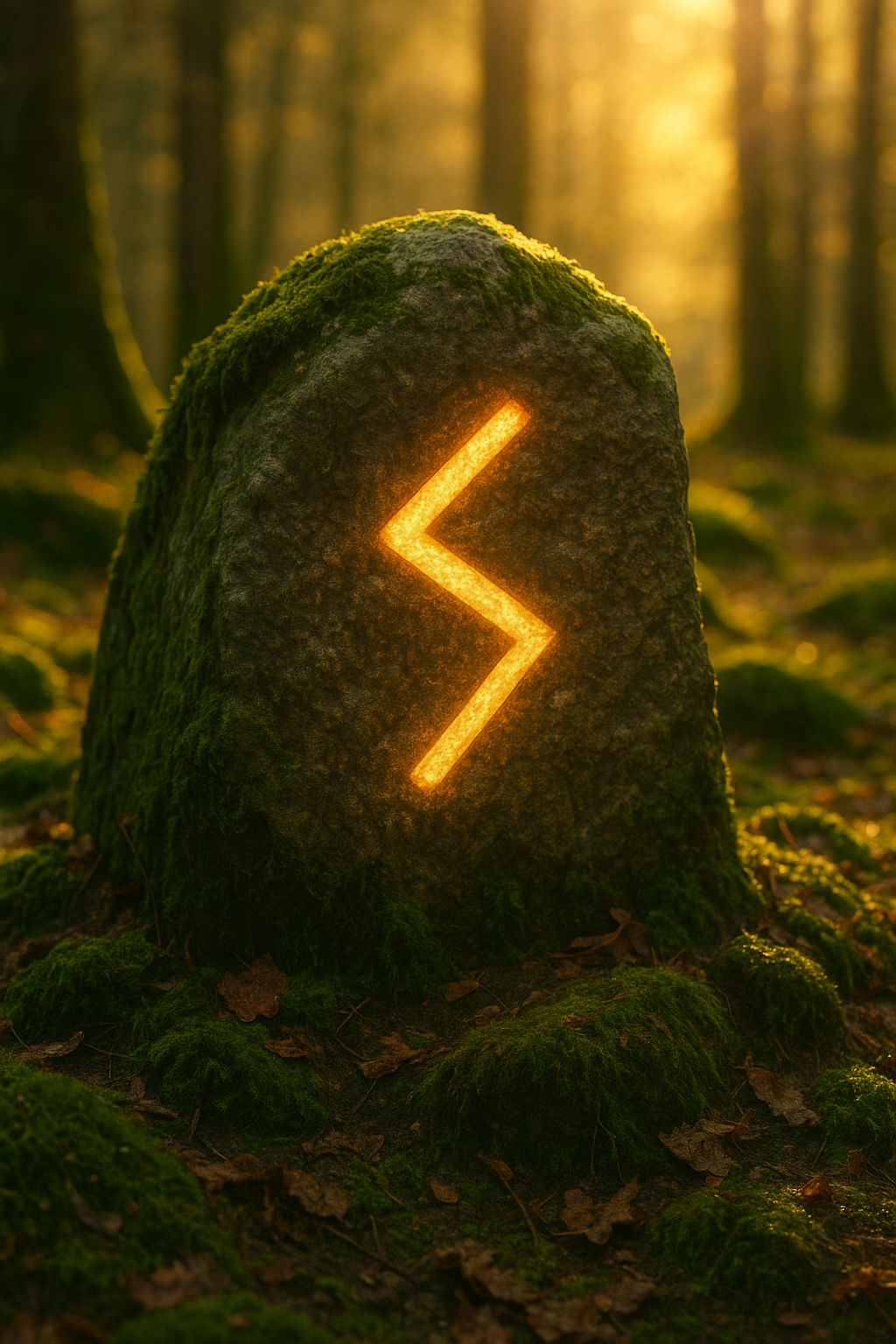 Rune Sowilo ᛋ als Sonnenrune in einen moosbedeckten Stein im Wald gemeißelt, leuchtend im warmen Licht – Symbol für Sonnenkraft, Sieg und innere Klarheit – im Nordwaldpfad Stil