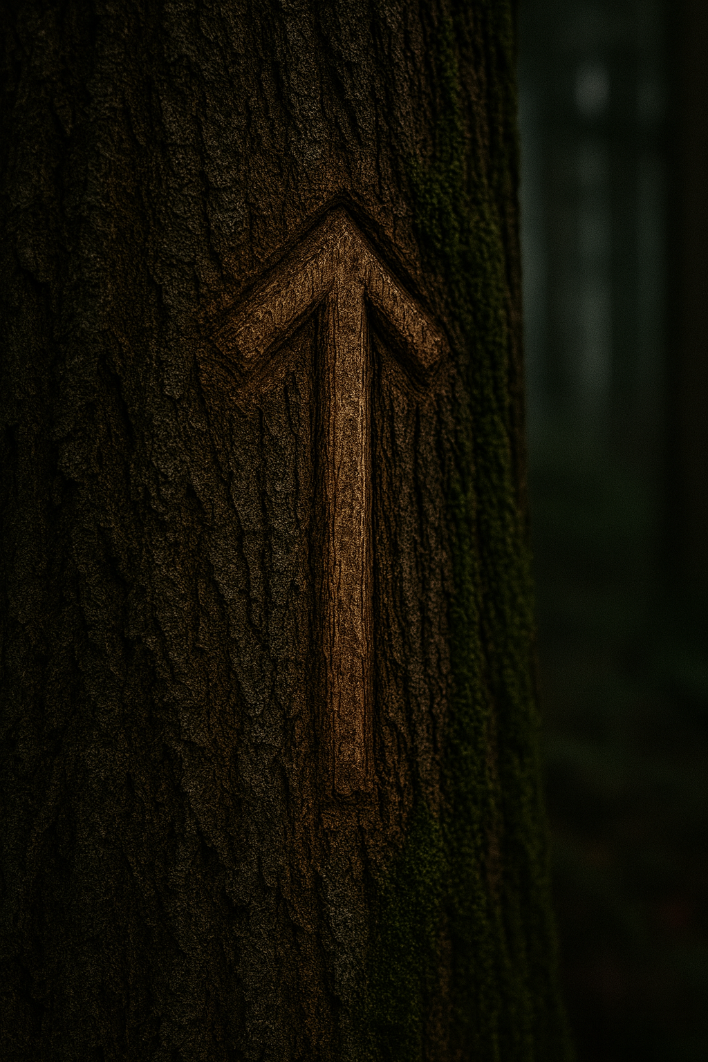 Rune Tiwaz ᛏ in Stein gemeißelt im nordischen Wald, moosbedeckt – Nordwaldpfad-Stil