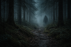 Der Wilde Mann im Arnsberger Wald – schemenhafte Gestalt auf nebeligem Waldweg zwischen dichten Bäumen