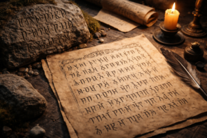Tolkien-Runen als eigenständige Schriftwelt, dargestellt auf Pergament und in Stein graviert, mit zusammenhängendem Schriftsystem in archaischer Anmutung.