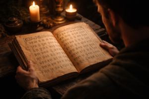 Leser betrachtet Tolkien-Runen in einem alten Buch bei Kerzenlicht – die Schrift erzeugt Ruhe, Konzentration und eine vertiefte Leseerfahrung.