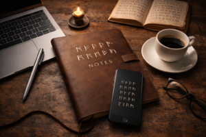 Moderne Einsatzbereiche von Tolkien-Runen – Runenschrift auf Notizbuch, Smartphone und Buch im Zusammenspiel von analogem und digitalem Alltag.