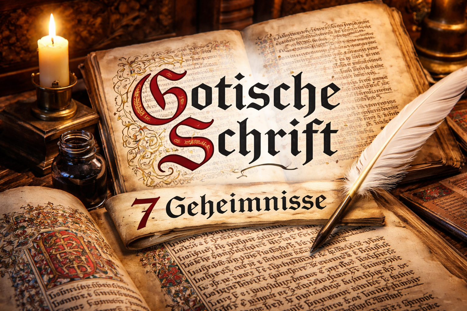 Gotische Schrift auf mittelalterlicher Handschrift mit Federkiel, Tintenfass und ornamentalen Buchstaben auf Pergament