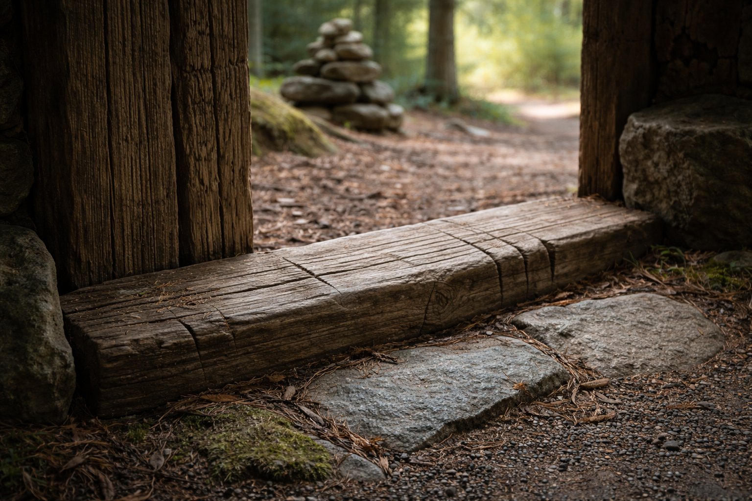 Zeichen und Schwellen: alte Holzschwelle mit Kerben und Markierungen an einem Übergang im Wald
