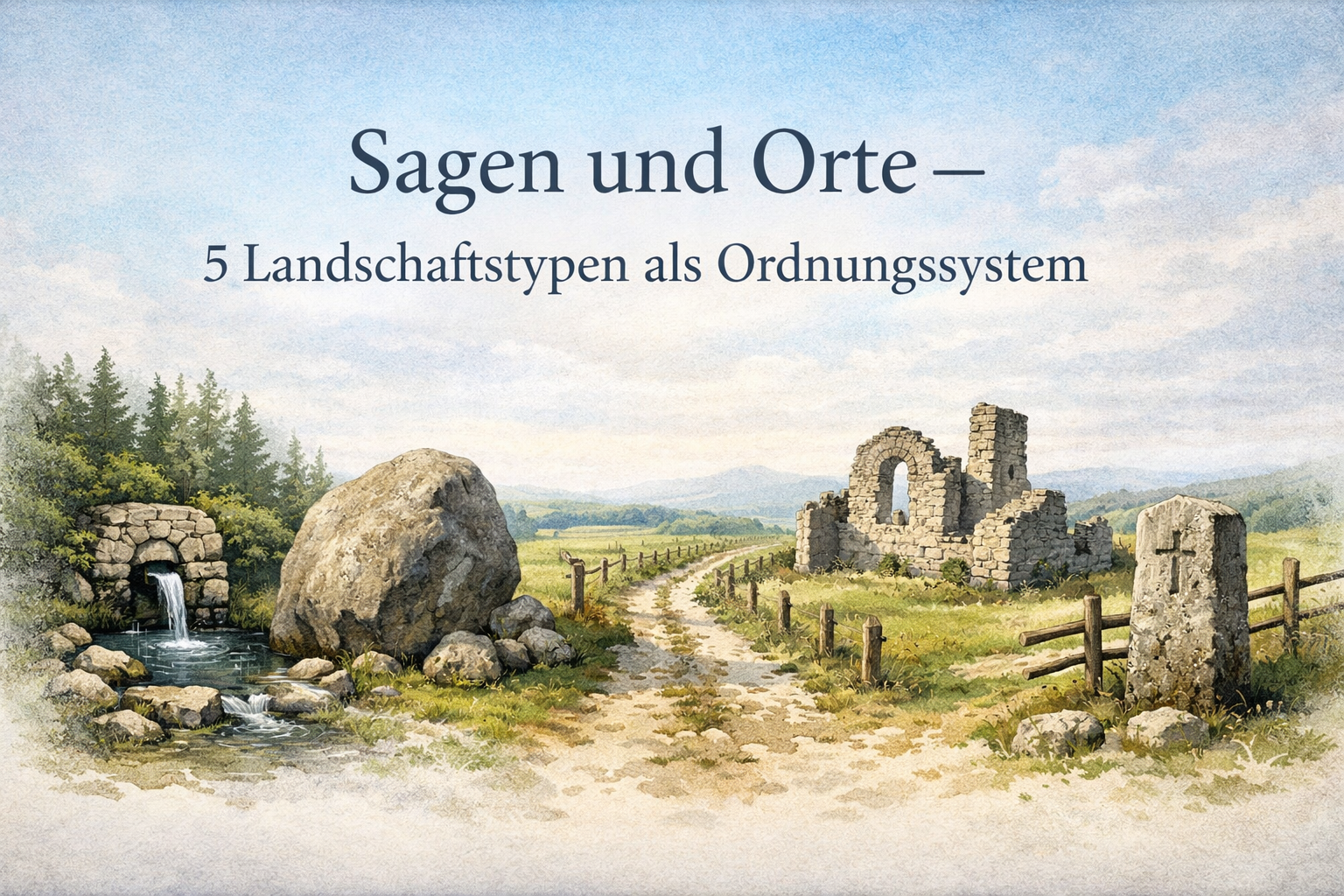 Waldlandschaft mit schmalem Pfad und moosbewachsenen Bäumen als Sinnbild für Sagenlandschaften Europas und erinnerungstragende Orte.