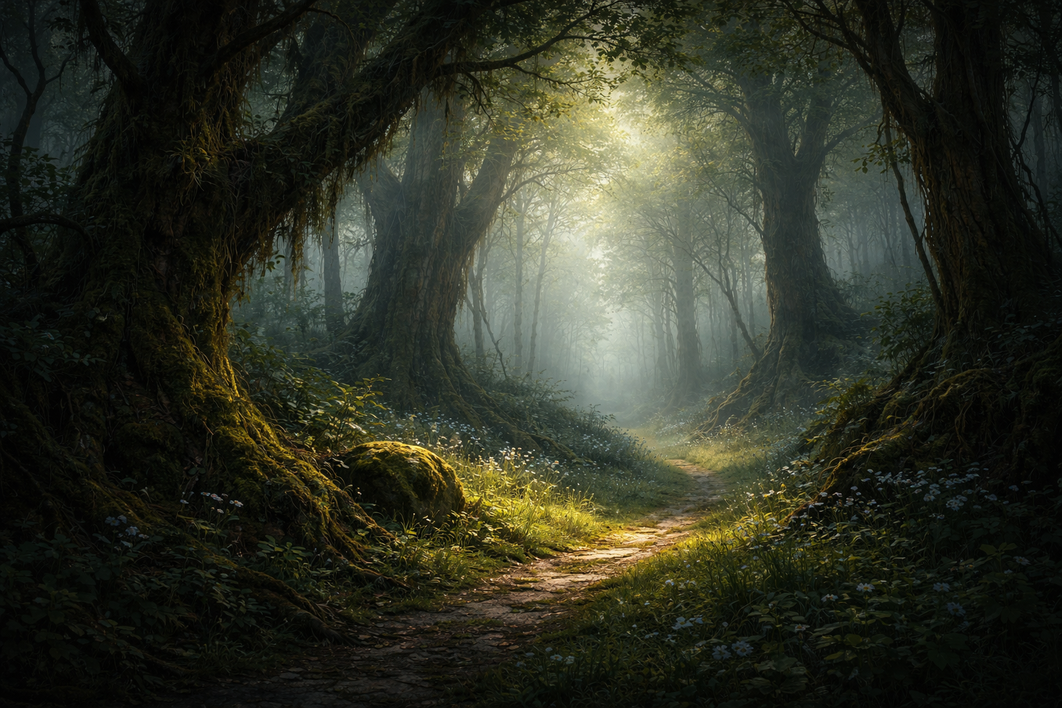 Mystischer europäischer Wald mit altem Pfad, moosbewachsenen Bäumen und Lichtung – Sinnbild für die Sagen der Waldlandschaften Europas.