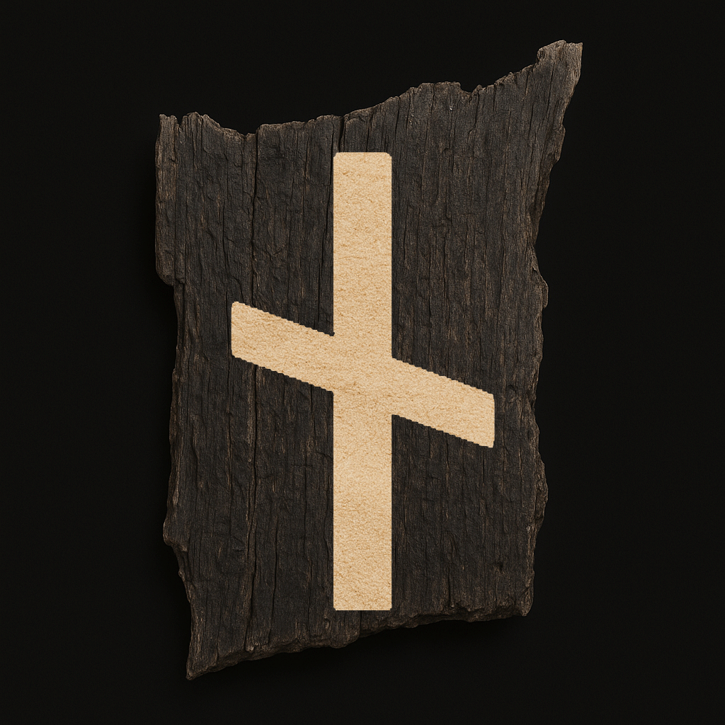 Rune ᛅ Ár im dänischen Langäst-Stil des Jüngeren Futhark, sauber eingeritzt in dunkles, verwittertes Holz, historisch korrekte Linienführung