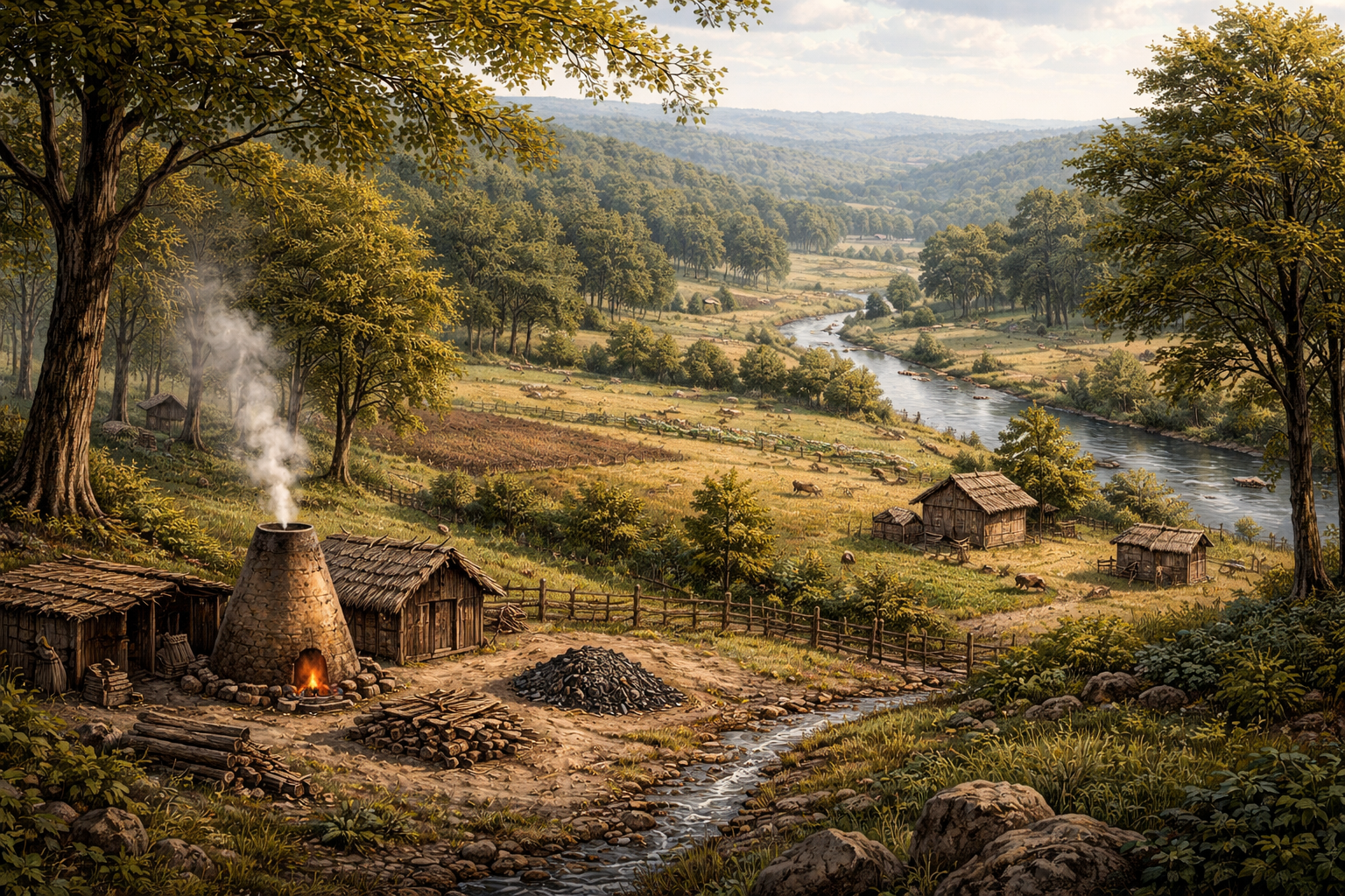 Illustration einer europäischen Landschaft der Eisenzeit mit Wäldern, Feldern und früher Eisenverarbeitung ohne Darstellung von Menschen