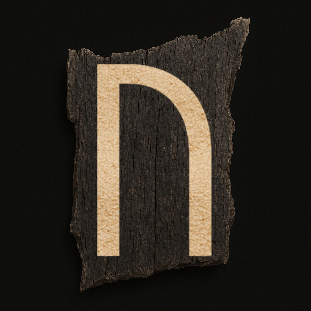 Beige, gebogenes Symbol auf einem dunklen Stück verbrannter Holzplatte vor schwarzem Hintergrund