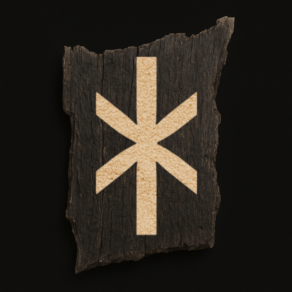 Rune ᚼ Hagall im dänischen Langäst-Stil des Jüngeren Futhark, präzise eingeritzt in dunkles, verwittertes Holz, historische Linienführung nach archäologischen Vorbildern.