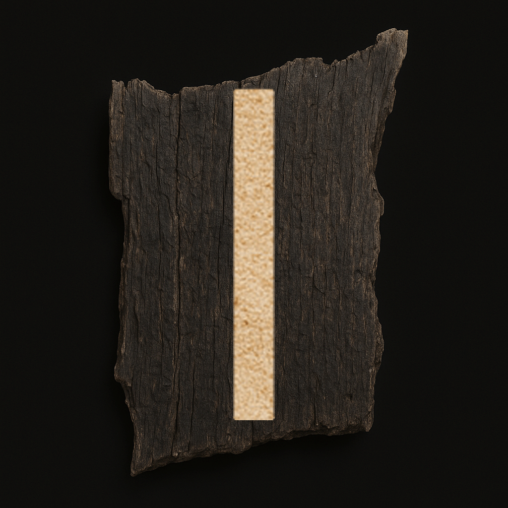 Rune ᛁ Íss im dänischen Langäst-Stil des Jüngeren Futhark, klar und tief eingeritzt in dunkles, verwittertes Holz, historisch korrekte Linienführung.