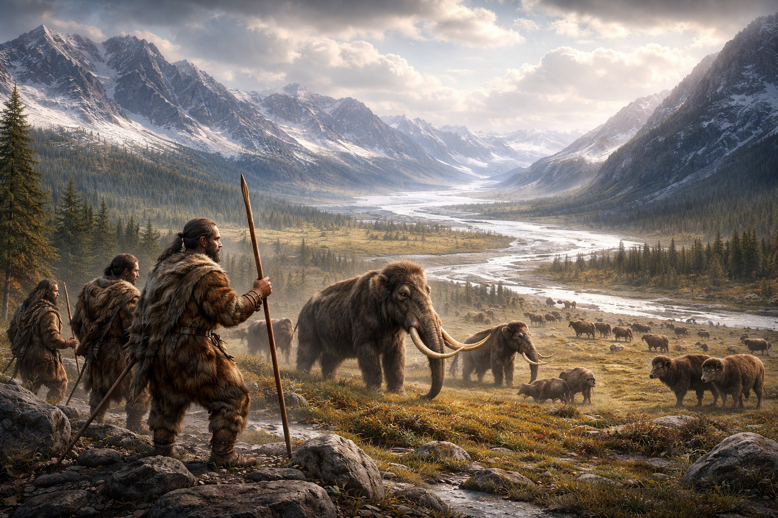 Mittlere Paläolithikum mit Neandertaler, typischen Levallois-Steinwerkzeugen und eiszeitlicher Landschaft als Darstellung der altsteinzeitlichen Lebenswelt.