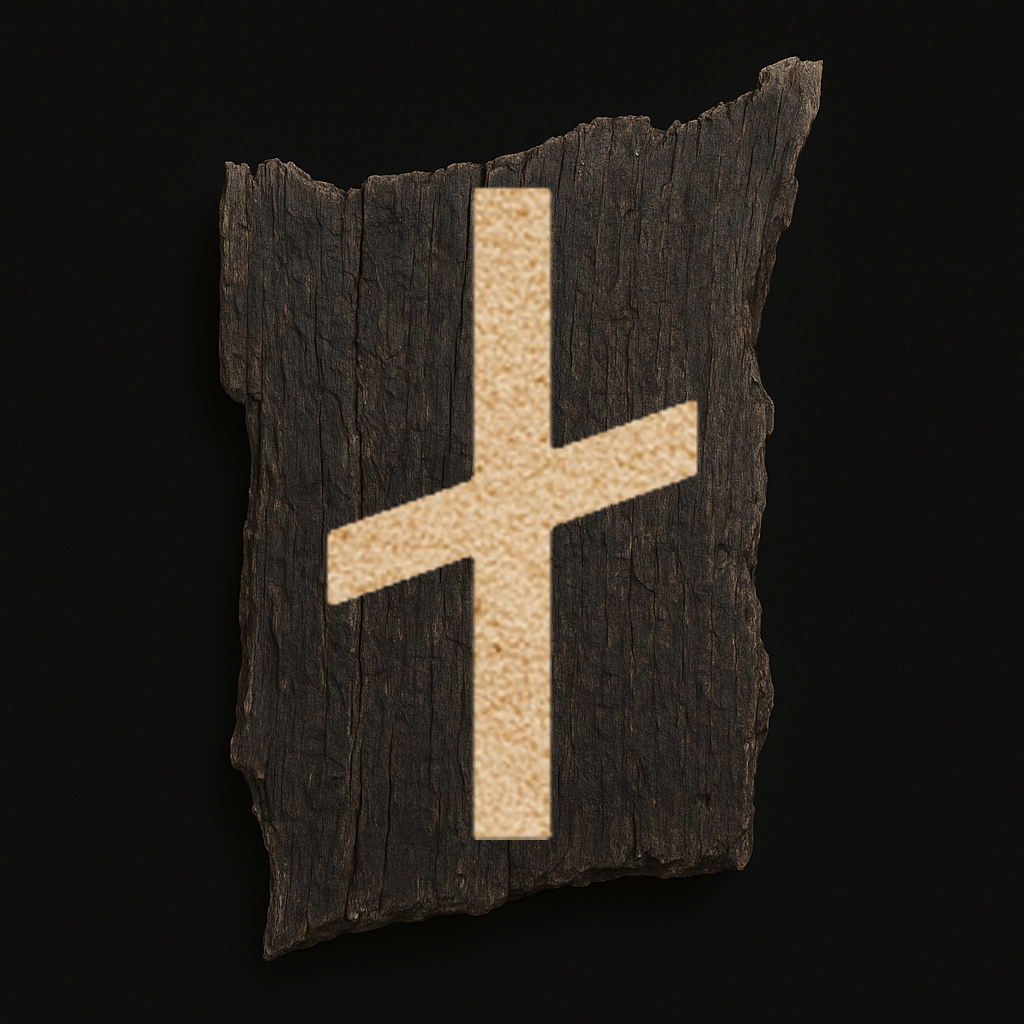 Rune ᚾ Nauðr im dänischen Langäst-Stil des Jüngeren Futhark, sauber eingeritzt in dunkles, verwittertes Holz, historisch korrekte Linienführung nach archäologischen Vorbildern.