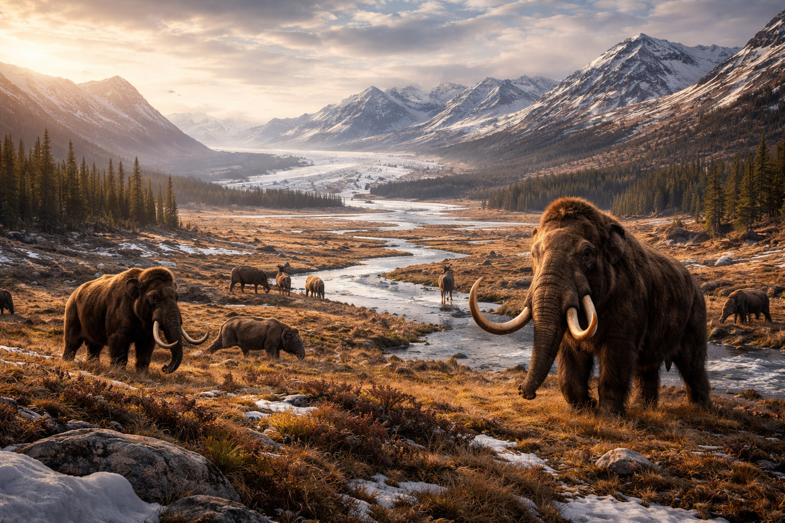 Eiszeitliche Landschaft des Oberen Paläolithikums mit Mammutsteppe, Flussläufen und vergletscherten Gebirgen