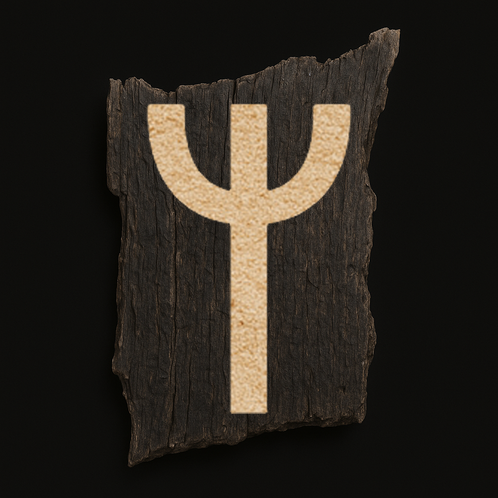 Rune ᛉ Algiz des Älteren Futhark, in heller Sandstruktur auf dunklem, verwittertem Holz