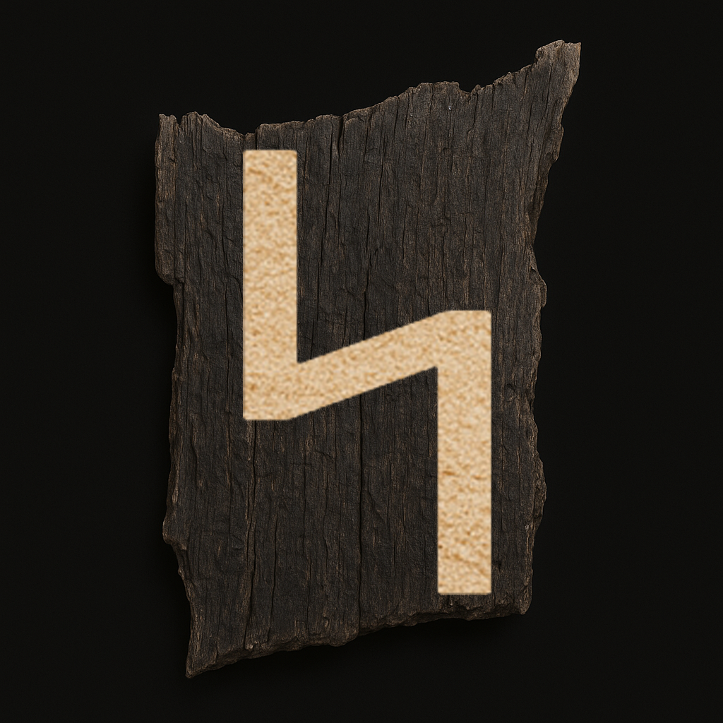 Rune ᛋ Sól des Jüngeren Futhark (Langäste), in heller Sandstruktur auf dunklem, verwittertem Holz