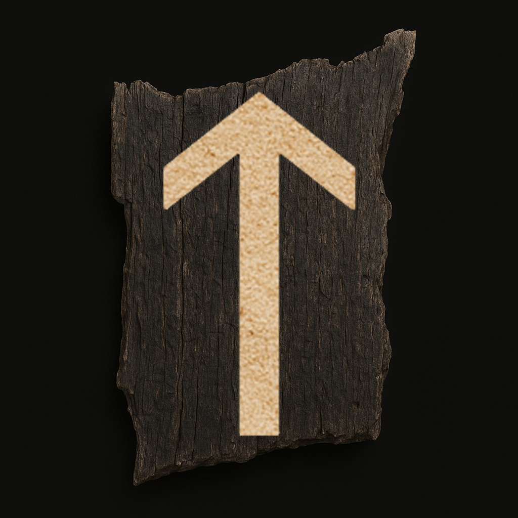 Rune ᛏ Tiwaz des Jüngeren Futhark (Langäste), in heller Sandstruktur auf dunklem, verwittertem Holz