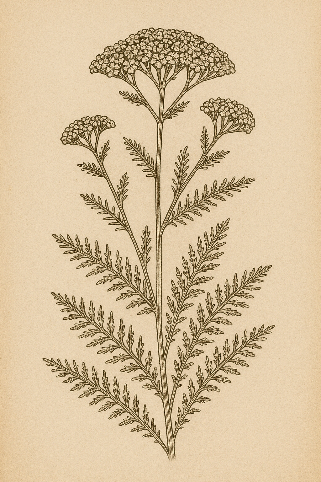 Botanische Zeichnung der Schafgarbe (Achillea millefolium) mit gefiederten Blättern und flachem Blütenstand