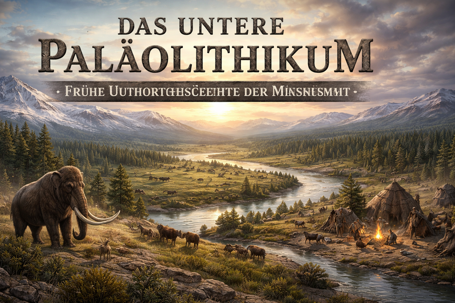 Unteres Paläolithikum – eiszeitliche Landschaft mit Fluss, Megafauna und Vegetation