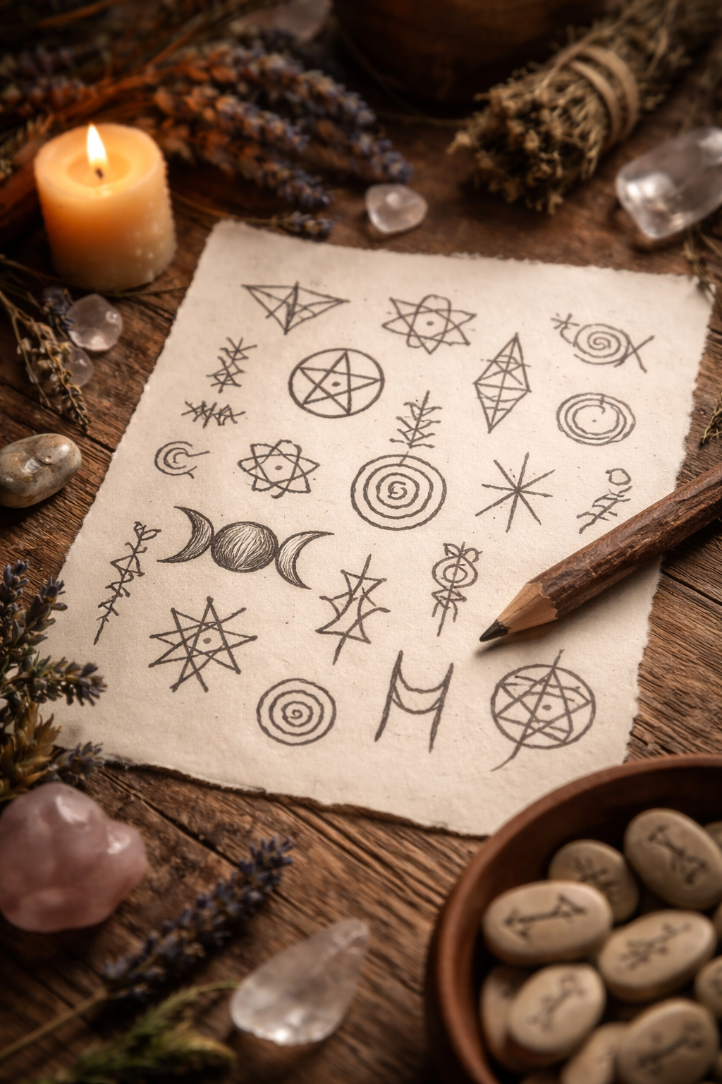 Wicca Runen als handgezeichnete Symbole moderner Symbolmagie auf Papier