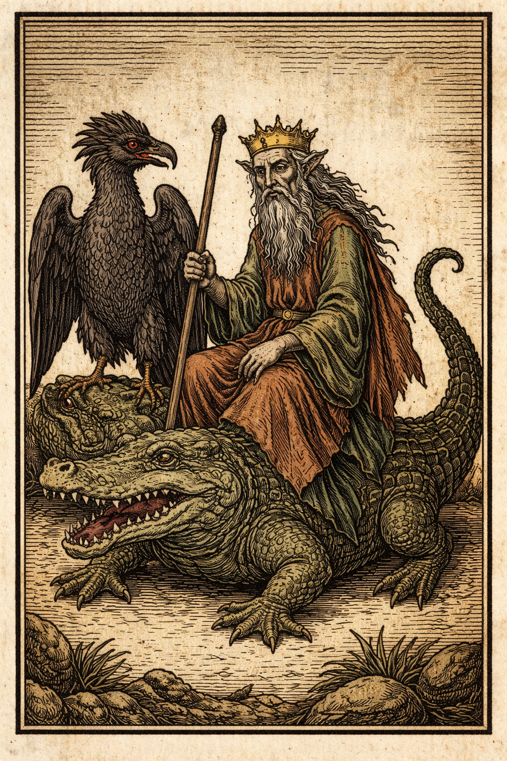 Agares Dämon in mittelalterlicher Darstellung – Herzog der Dämonologie reitet auf einem Krokodil und trägt einen Raubvogel