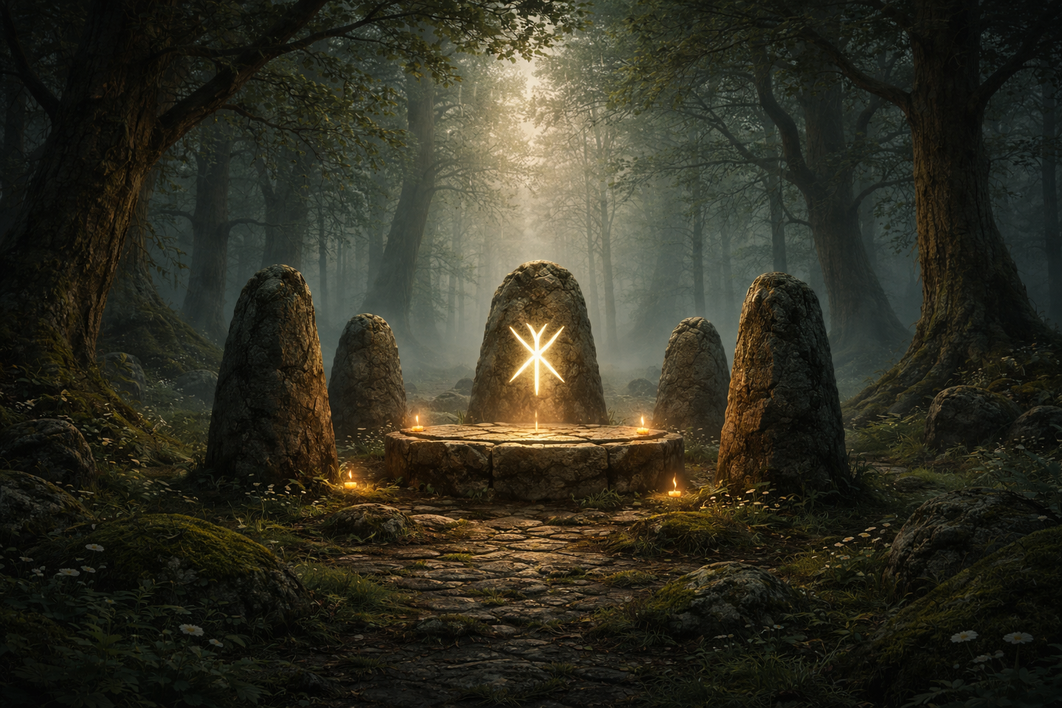 Mystischer Steinkreis im Nordwald mit gebundenem Zeichen als Sinnbild für Agiel – der Name der Ordnung, Bindung und stillen Macht im Wald.