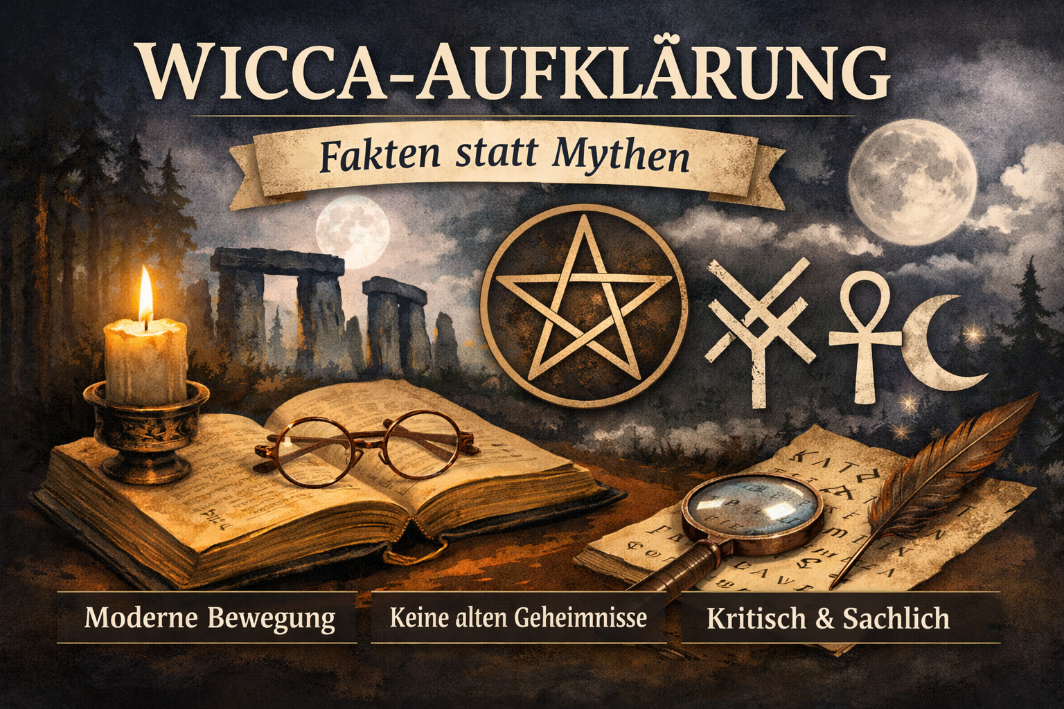 Wicca Aufklärung: Symbolische Darstellung moderner Hexenbewegungen mit Buch, Kerze und Zeichen, kritisch und sachlich eingeordnet, Fakten statt Mythen.