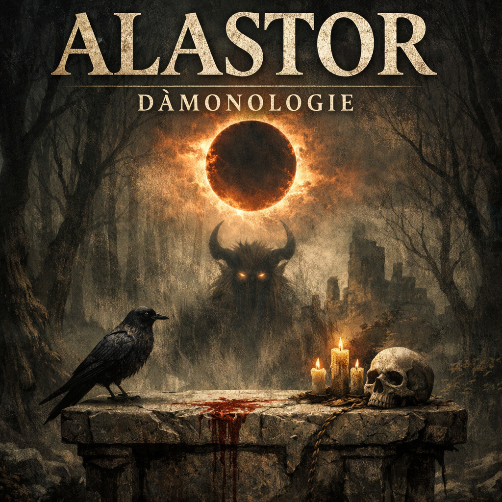 Mittelalterlich-düstere Darstellung zur Alastor Dämonologie: steinerner Opferaltar im dunklen Wald, Rabe, Schädel und Kerzen, im Hintergrund eine Sonnenfinsternis als Symbol für Schuld, Vergeltung und alastorisches Wirken.