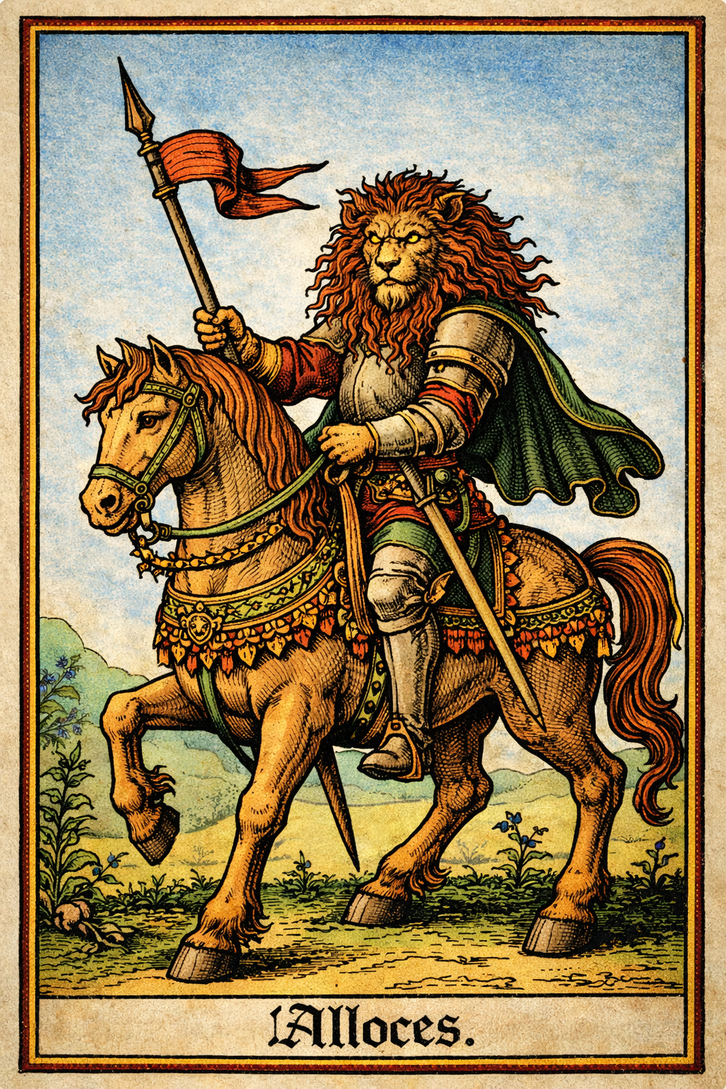 Mittelalterlich stilisierte Illustration des Alloces Dämon mit löwenähnlichem Kopf auf einem Pferd, dargestellt im Stil einer kolorierten mittelalterlichen Handschrift