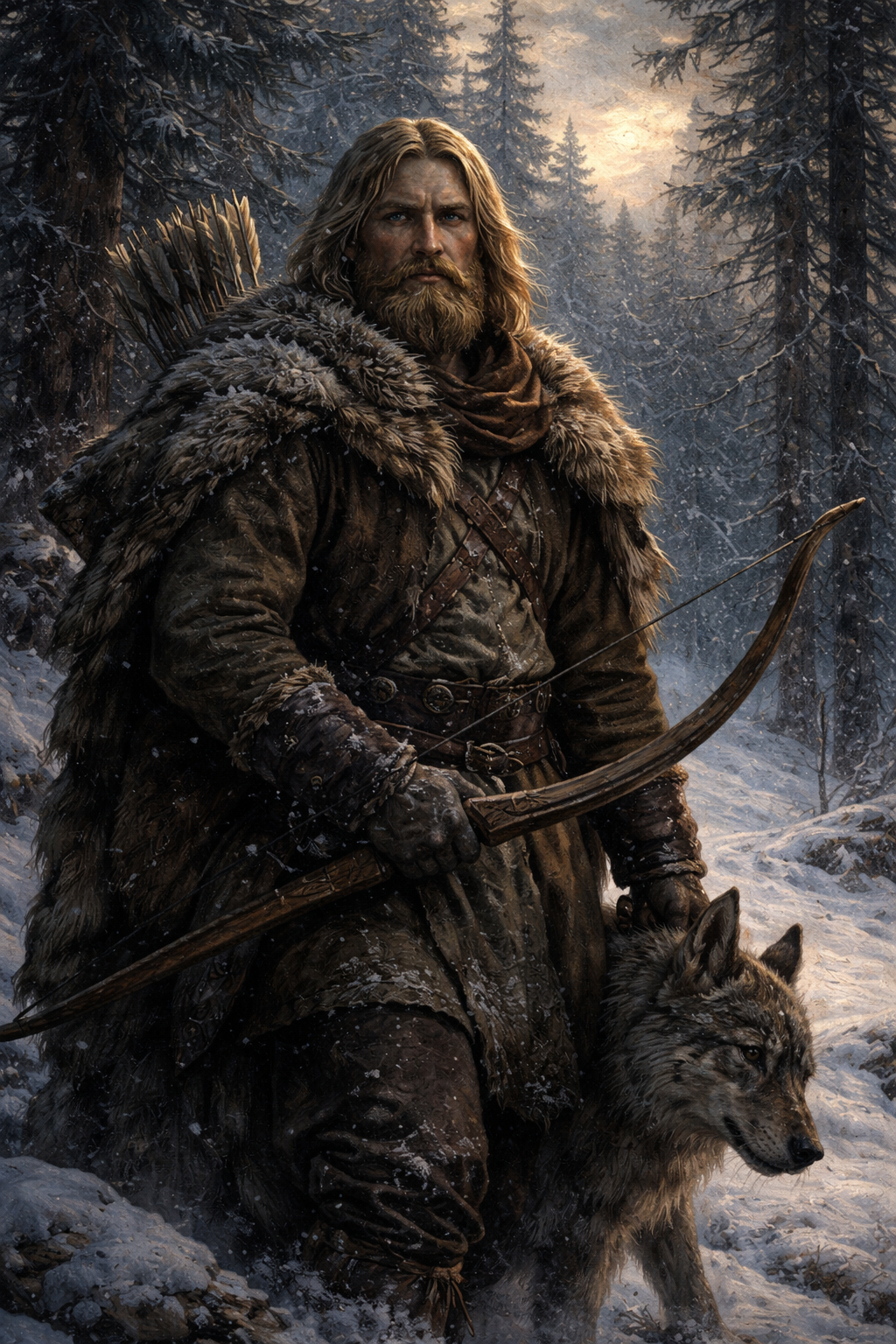Ullr Gott der Jagd im winterlichen Nordwald mit Bogen, Fellkleidung und stiller Haltung als nordischer Jägergott