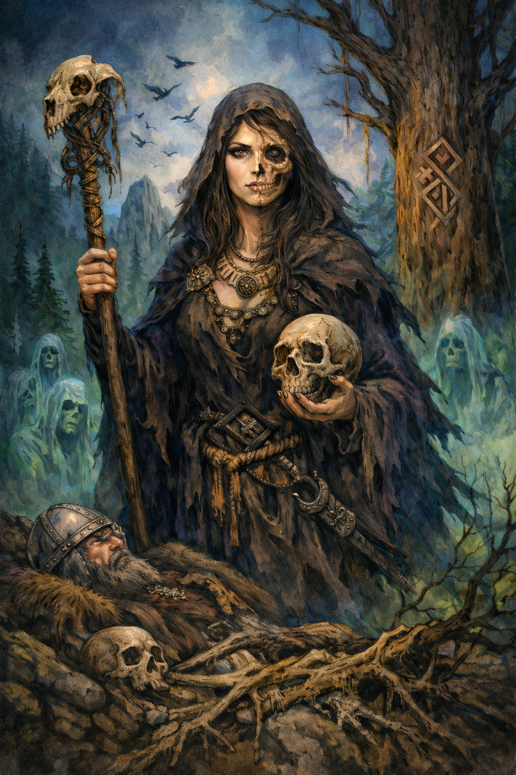 Hel Herrin des Totenreichs als nordische Göttin im Nordwaldstil, mit zweigeteiltem Antlitz zwischen Leben und Tod, umgeben von Nebel, Runenbaum und stillen Toten in einer farbintensiven, mythologisch korrekten Darstellung von Helheim.