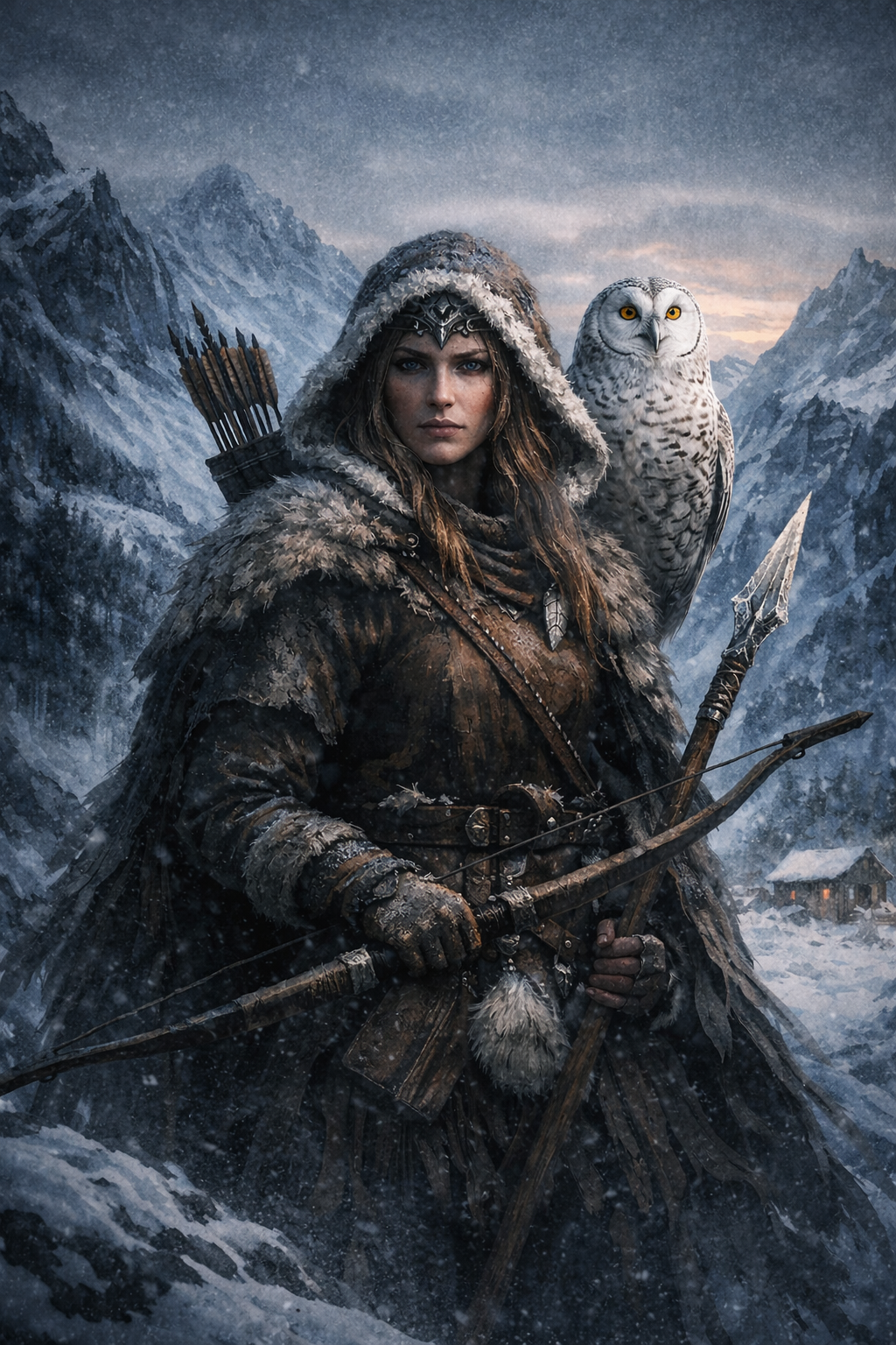Skadi Göttin des Winters in verschneiter Berglandschaft mit Schneeeule, dargestellt als nordische Jägerin