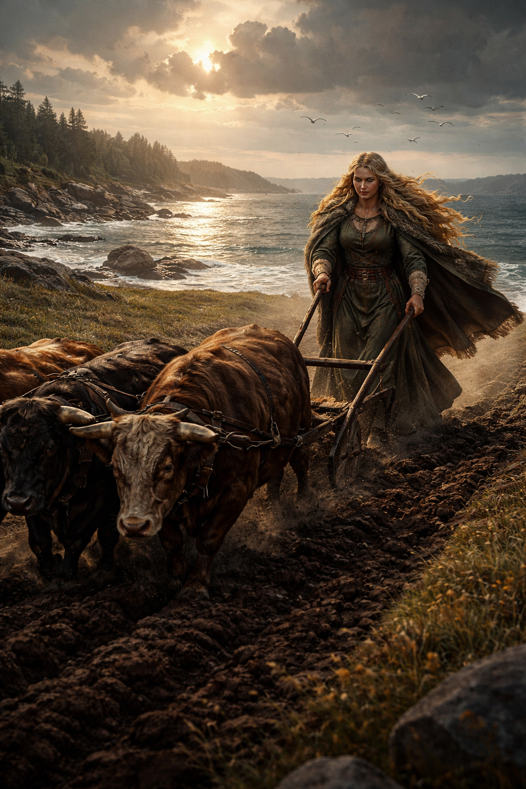 Gefjon Göttin des Landgewinns pflügt mit mächtigen Ochsen neues Land an der Küste, nordische Mythologie, Fruchtbarkeit des Bodens, historisch inspirierter Nordwaldstil