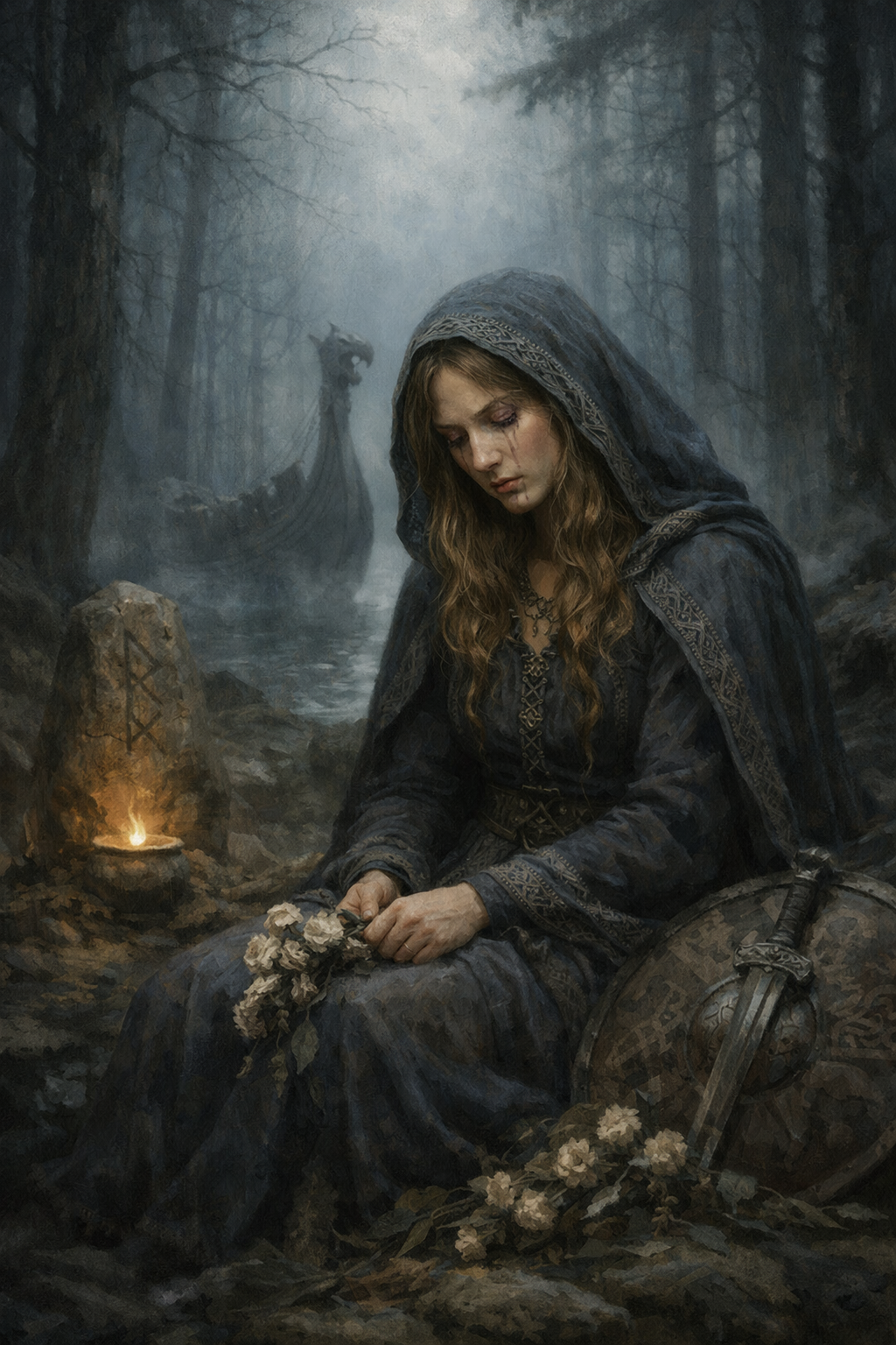 Nanna Göttin der Trauer sitzt im nebligen Nordwald, in dunklem Gewand, still versunken in Liebe und Treue zu Baldr – nordische Mythologie im Nordwaldstil