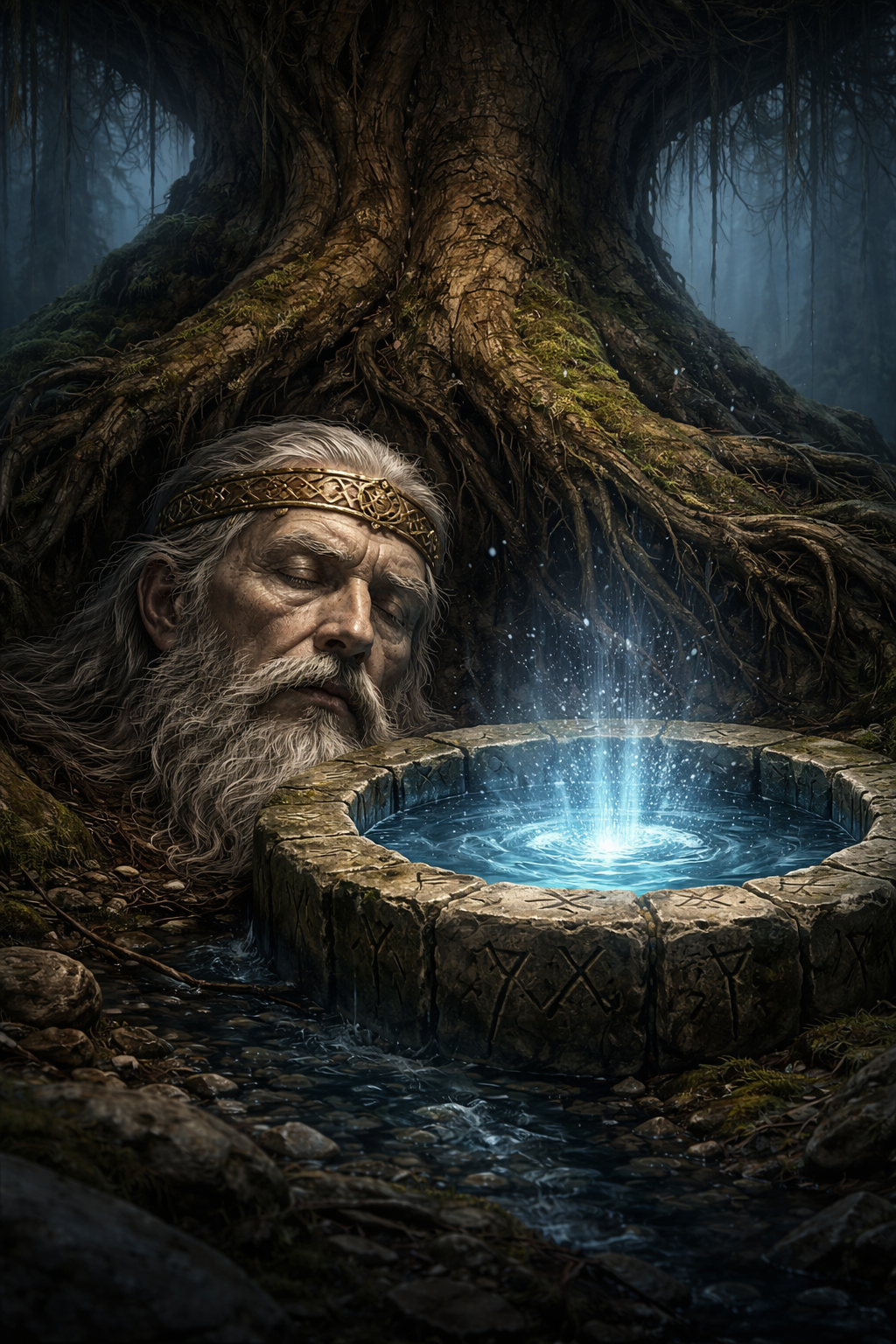 Mímir Weisheit und der Brunnen – das bewahrte Haupt des Weisen am Mímisbrunnr unter den Wurzeln von Yggdrasil