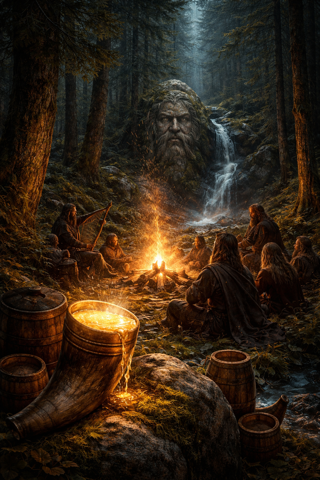 Kvasir Dichtmet und inspiriertes Wissen – nordische Skalden am Feuer im Wald, Met der Dichtung als Quelle göttlicher Inspiration