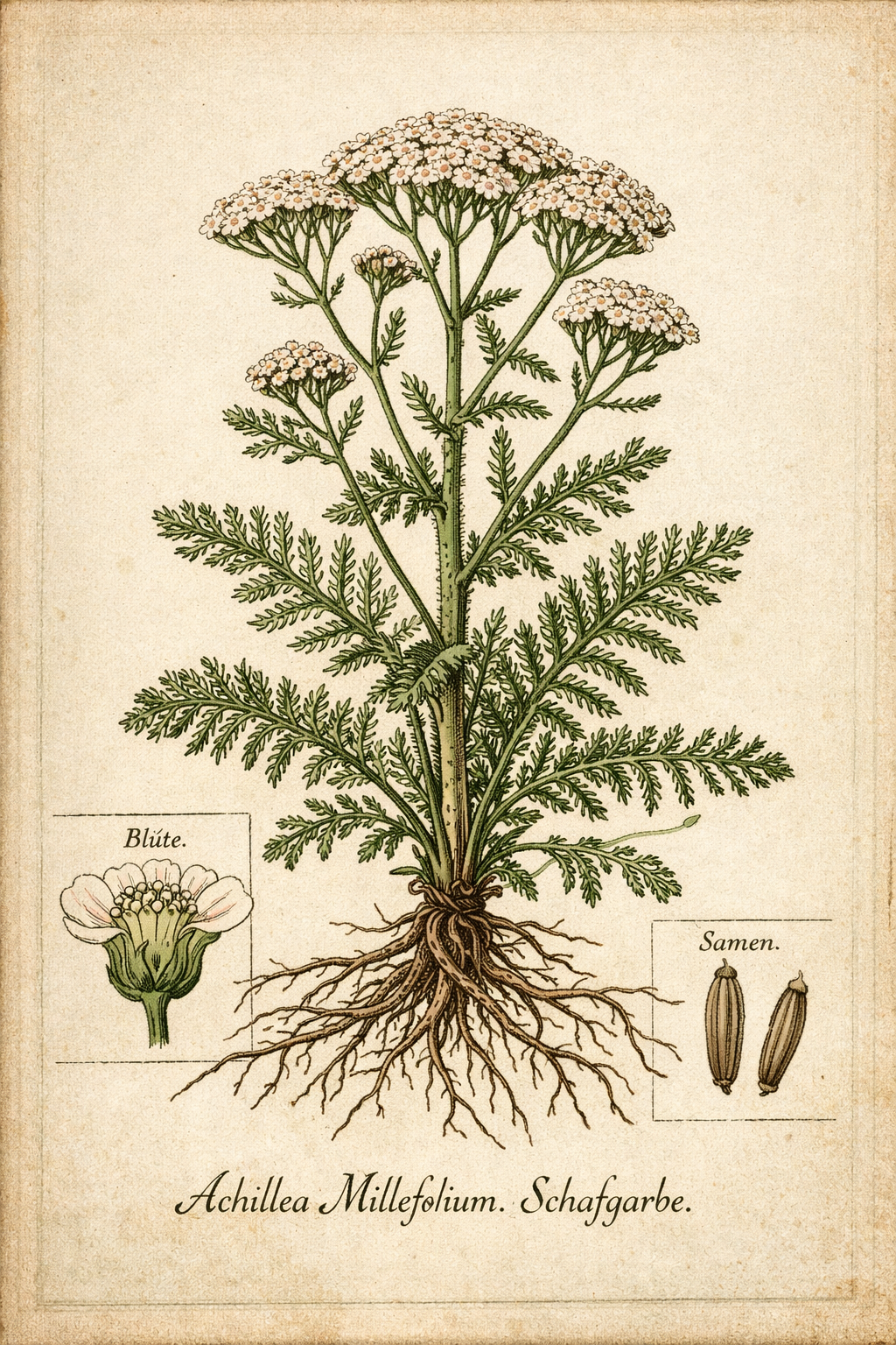 Schafgarbe (Achillea millefolium) – historische botanische Zeichnung mit Blüten, Blättern und freigelegter Wurzel