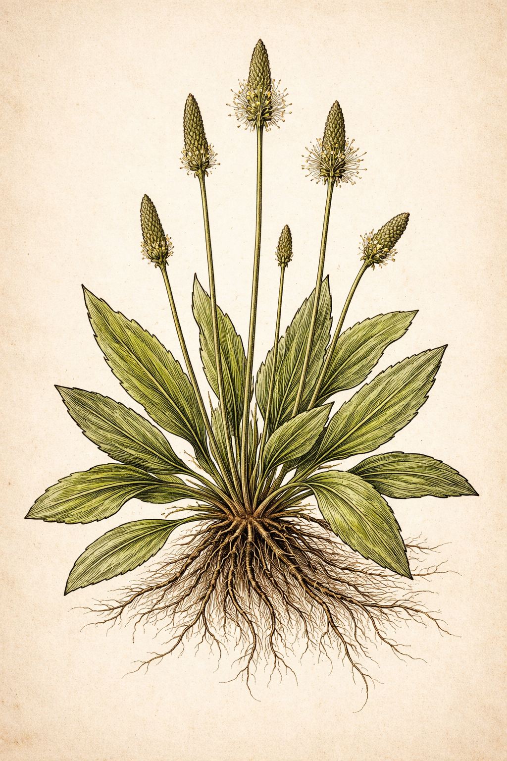 Spitzwegerich getragenes Wissen – Plantago lanceolata historische Zeichnung