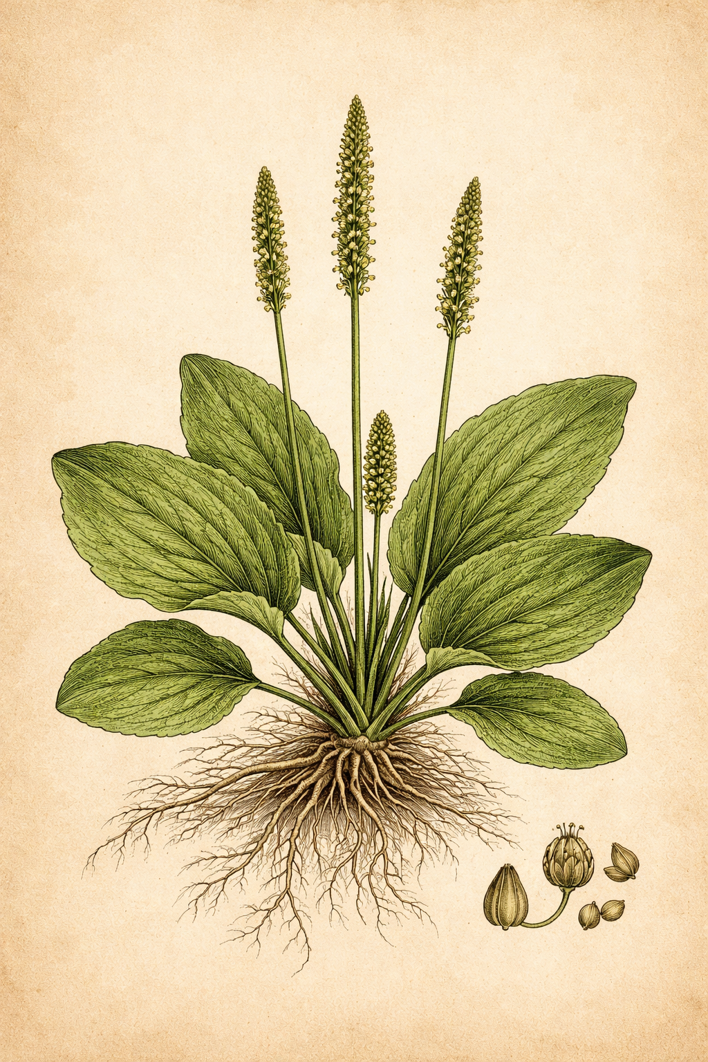 Breitwegerich getragenes Wissen – historische Zeichnung von Plantago major mit Wurzel