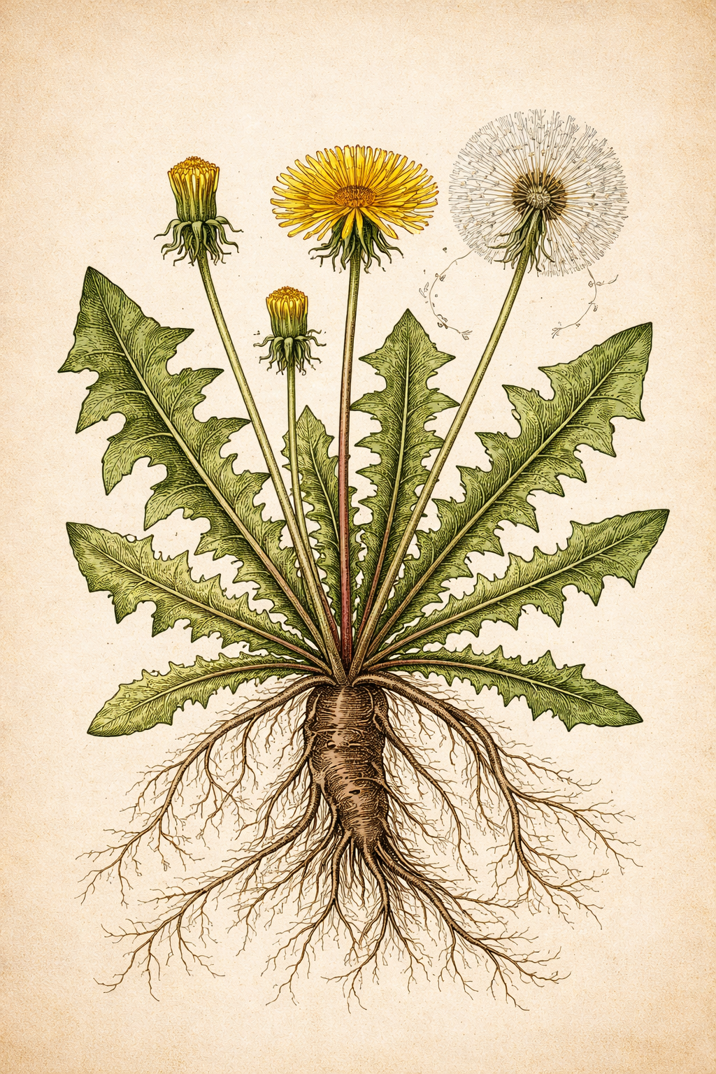 Löwenzahn getragenes Wissen – historische Zeichnung von Taraxacum officinale mit Wurzel