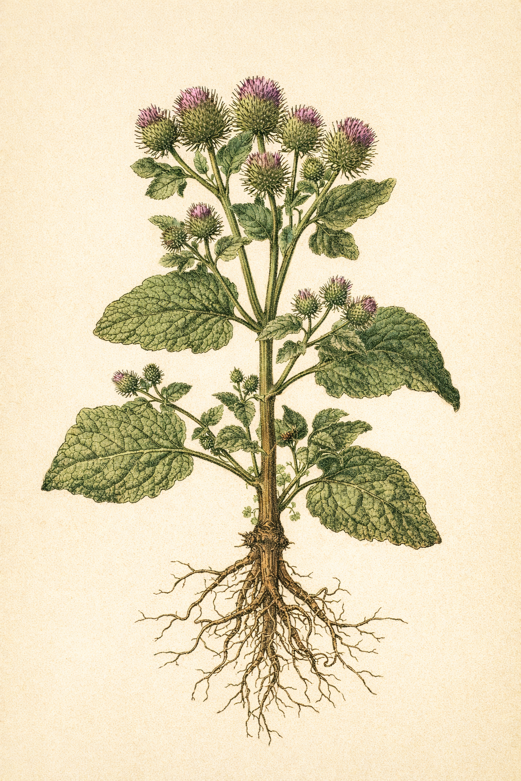 Klette getragenes Wissen – Klette (Arctium spp.) als historische Pflanzenzeichnung mit Wurzel