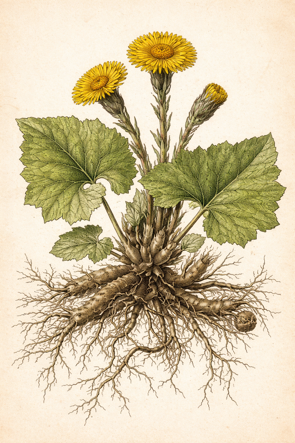 Huflattich getragenes Wissen – historische Zeichnung von Tussilago farfara mit Blüte, Blättern und Wurzel