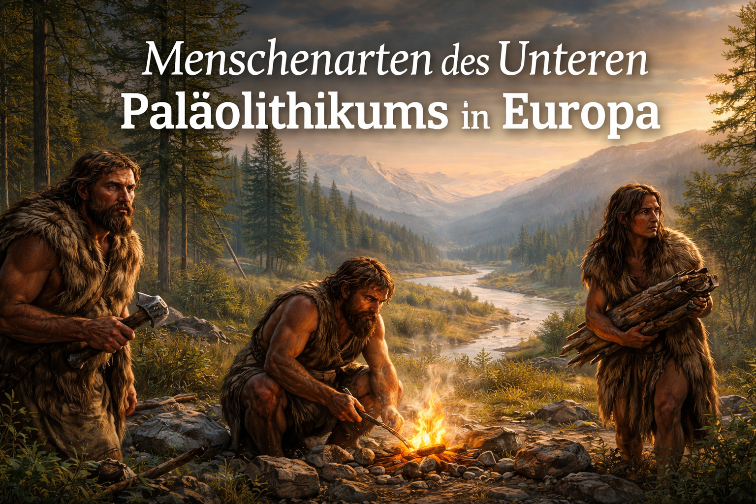 Menschenarten des Unteren Paläolithikums in Europa in einer eiszeitlichen Landschaft