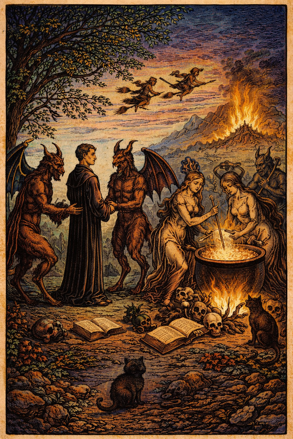 Teufelspakt und Hexensabbat als mittelalterliche Vorstellung in farbiger Holzschnitt-Illustration mit dämonischer Paktsszene, Hexenritual und symbolischer Gegenkirche